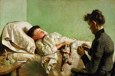 Woman sewing next to sick child's bed